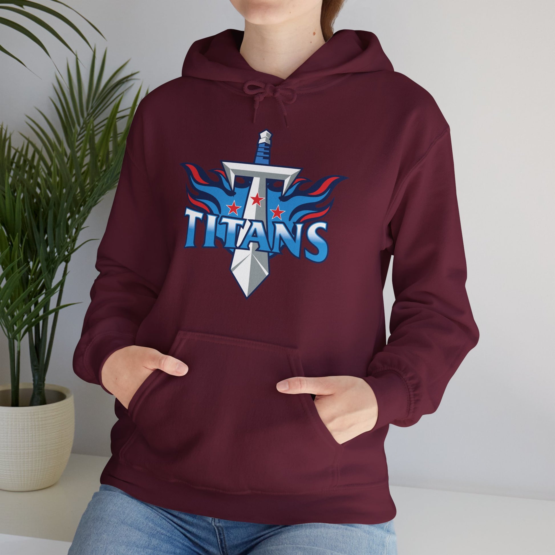 Fan wearing Titans sword and flame hoodie