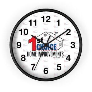 Close-up of a clock face with bold numbers and a house illustration, featuring the 1st Choice Home Improvements branding in the center.