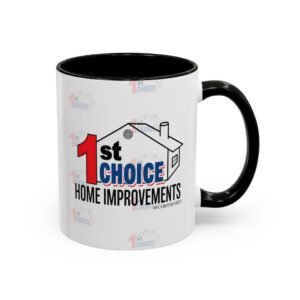 White ceramic mug with a black interior and handle, printed with repeating '1st Choice Home Improvements' logo and house icons.