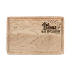 Wooden plaque with the logo '1st Choice Home Improvements' and a small house icon, wood grain texture visible (sign or brand plate).