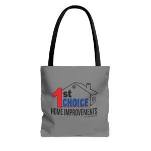 Gray tote bag with black handles showing the '1st Choice Home Improvements' logo and graphics on the front.